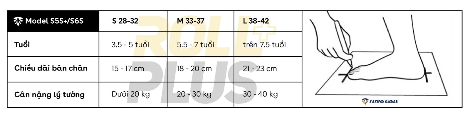 Bảng size giày patin trẻ em FLying Eagle